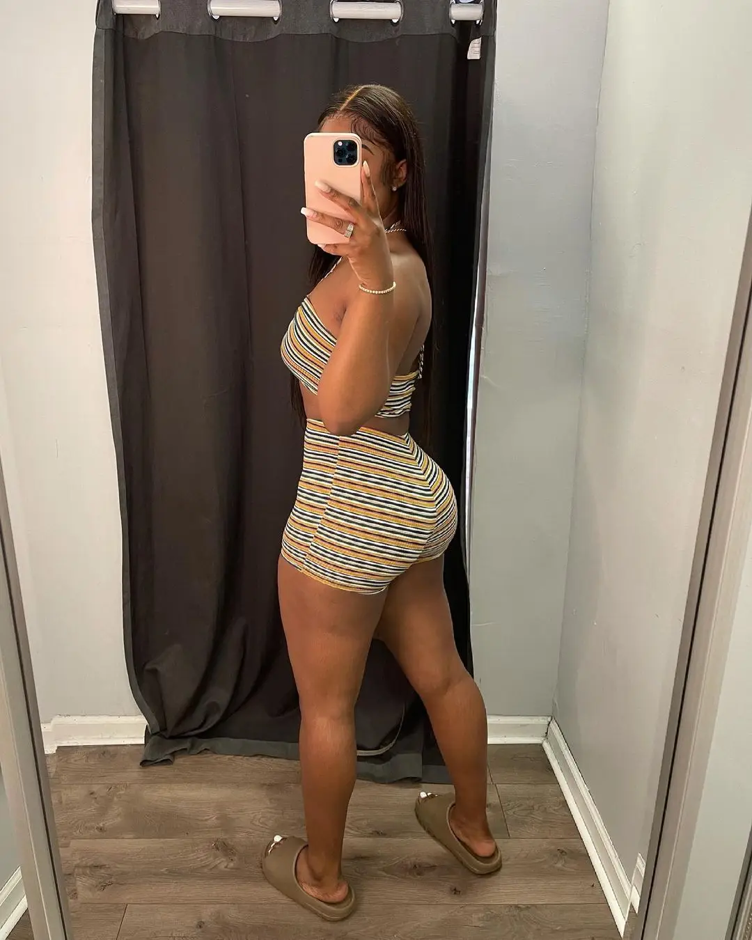

Sexy Cross Halter Lace Up Striped Print Knitted Rib Two Piece Set Women Casual Hollow Out Crop Top + Biker Shorts Matching Set
