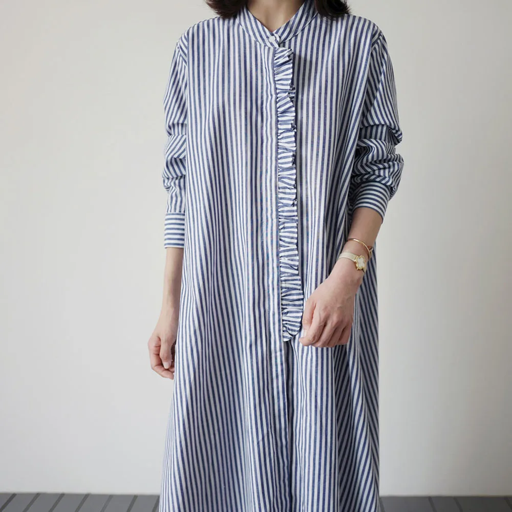 

2021 Summer Fashion Japanese Style Long Collarless Loose Striped Women's Dress Casual Simple Single-breasted Long Sleeve