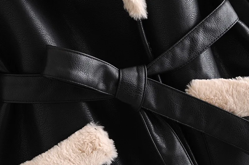 

2020 Winter Women Furry Lapel Faux fur Faux Leather PU Jacket Tie Bow Sashes Double Pockets Loose Casual Coat