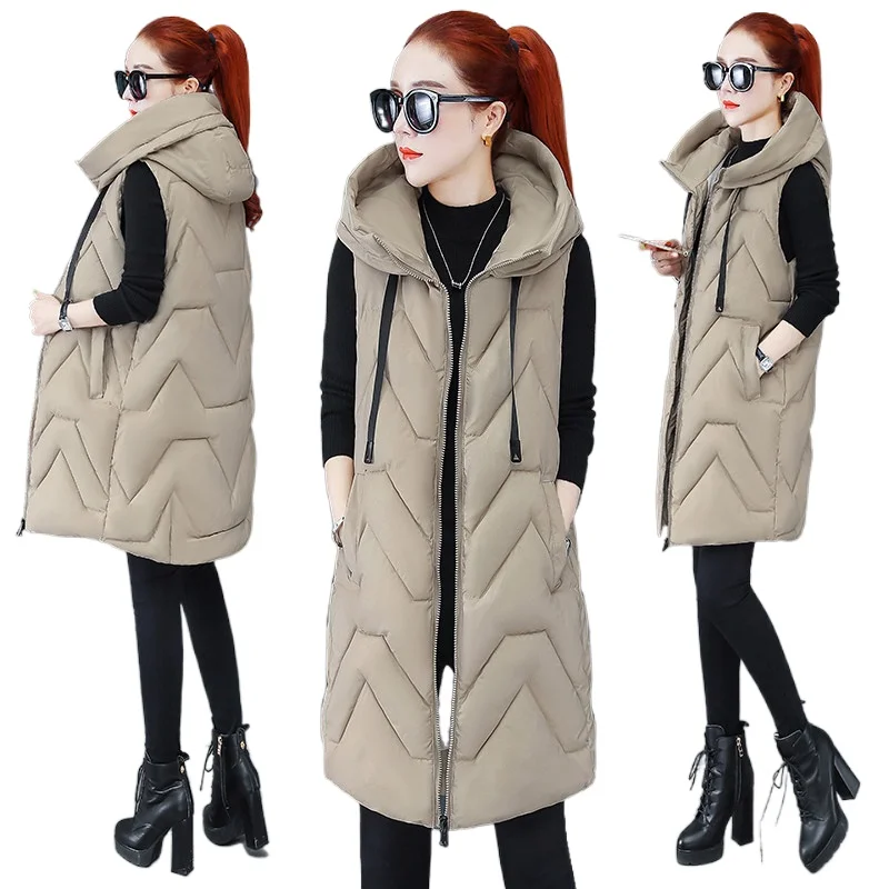 

Beardon Autumn Winter Womens Cotton Vest Korean Large Size Warm Elegant Hooded Fashion Long Ladies Vest Gilet 2021New