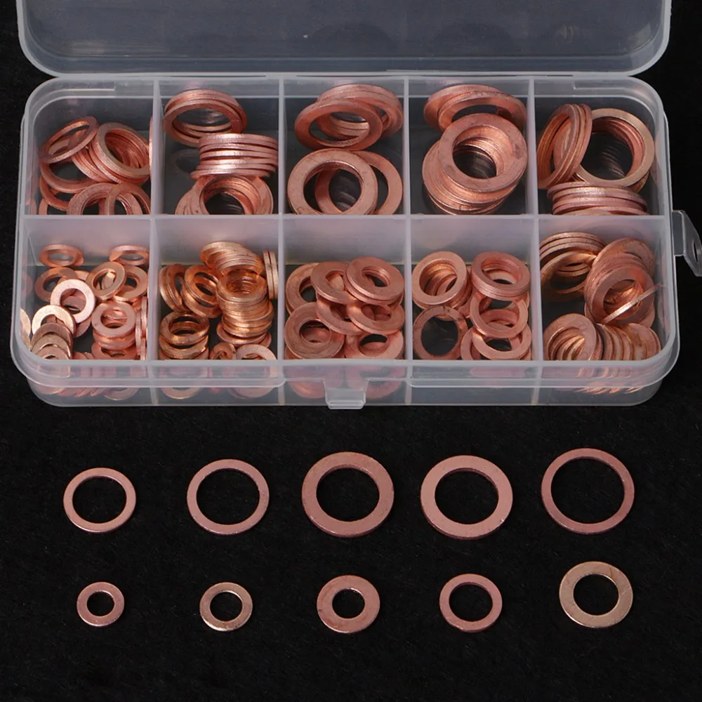 

200 PCS Copper Washers Gasket Set 9 Sizes Flat Ring Seal Kit With Plastic Box