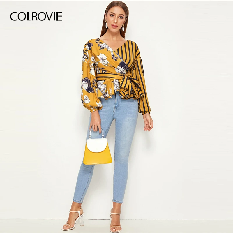 COLROVIE/желтое цветочное и Полосатое платье с запахом, Топ для женщин, Осенние Топы с рукавом Бишопа с баской, Повседневная элегантная женская блузка