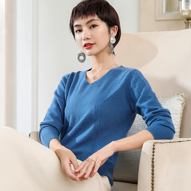 

JECH2019 Women High-grade Wool Sweater V-Neck Pullovers Regular Casual Cashmere Wool Striped Pullovers Sweater Women