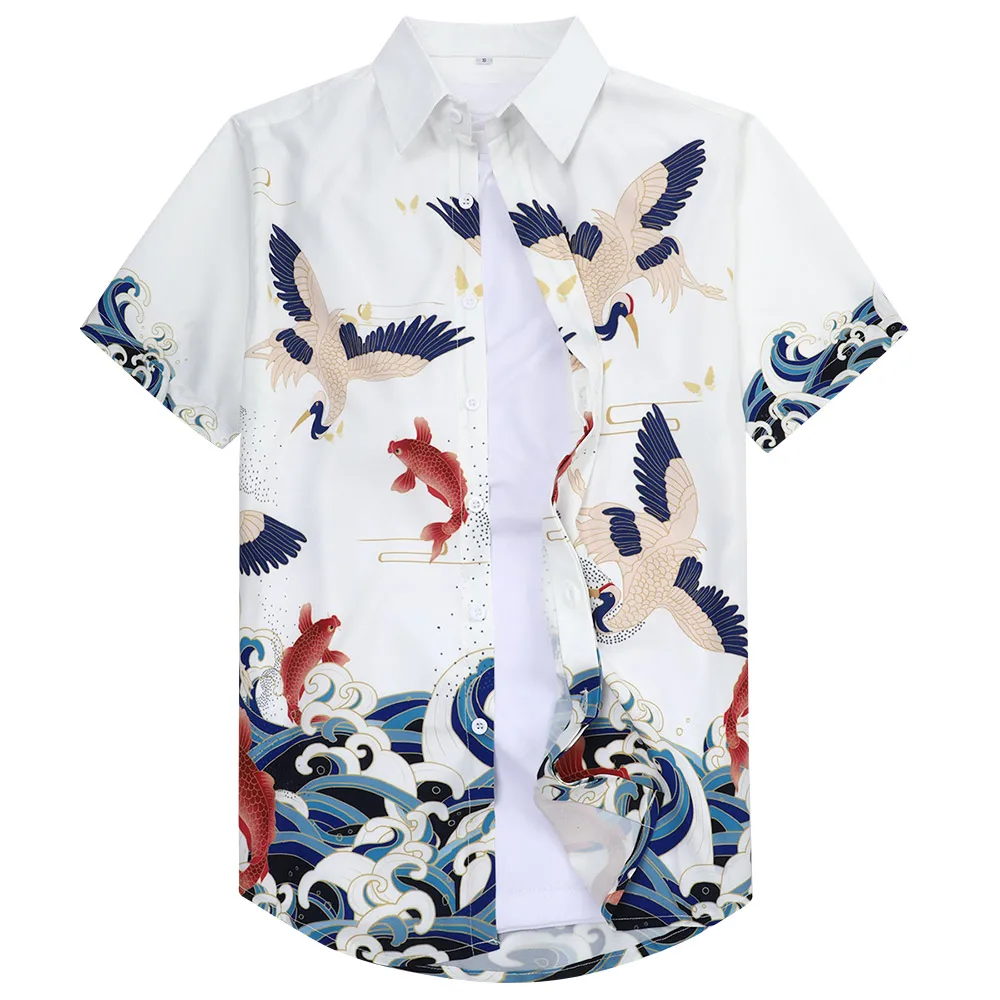 Рубашка мужская с коротким рукавом гавайская пляжная одежда 3D принтом журавлей в