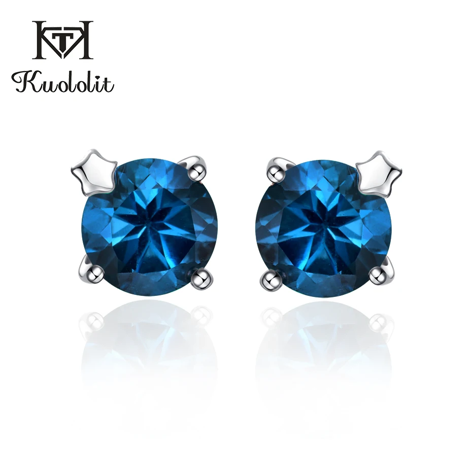 Kuolit 2.0ct натуральный Лондонский голубой топаз чистый 925 пробы серебряные серьги гвоздики для женщин Звезда рождественские украшения свадебный подарок