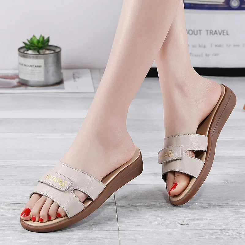 

Genuine Leather Summer Slides Women Flat Slippers Ladies Sliders Shoes Slide Casual Outdoor Black Beige