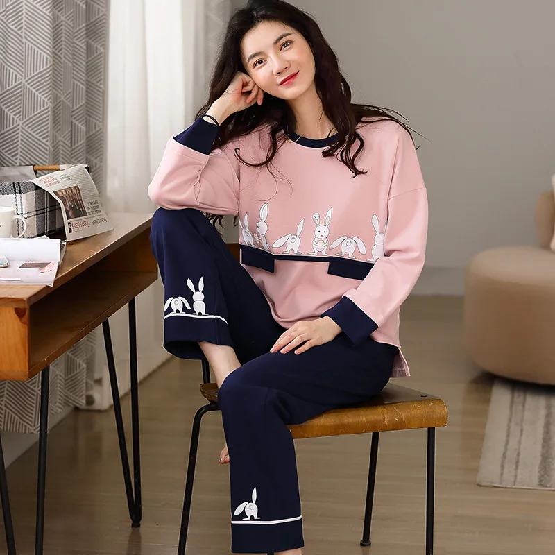 Пижамный комплект с милым принтом кролика Женская хлопковая одежда для сна