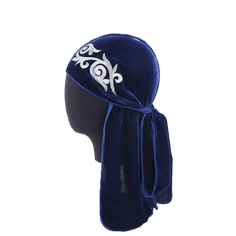 Тюрбан унисекс вышивка шаблон Бархат Durag дышащая бандана шляпа длинный хвост