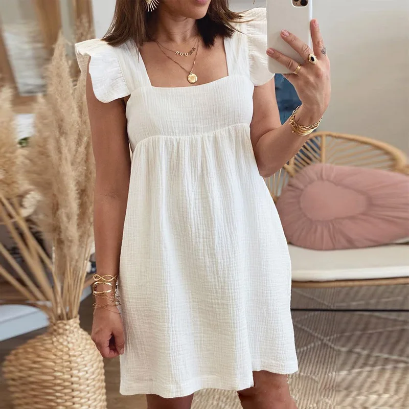 

Women Summer Loose Pocket Beach Dress Elegant Flying Sleeve Ruffle Mini Dress Casual Square Collar Patchwork Party Dress Vestido