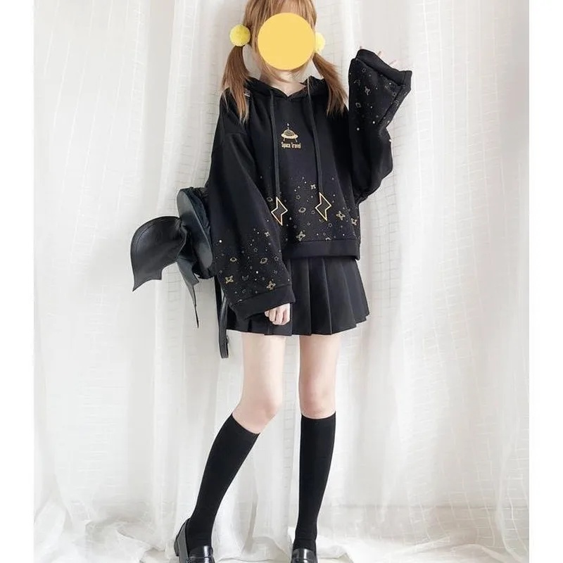 

Deeptown Kawaii Hoodies Women Winter Fashion Print Sweatshirt Women Japanese Long Sleeve Loose Casual Plus Velvet Black Pullover