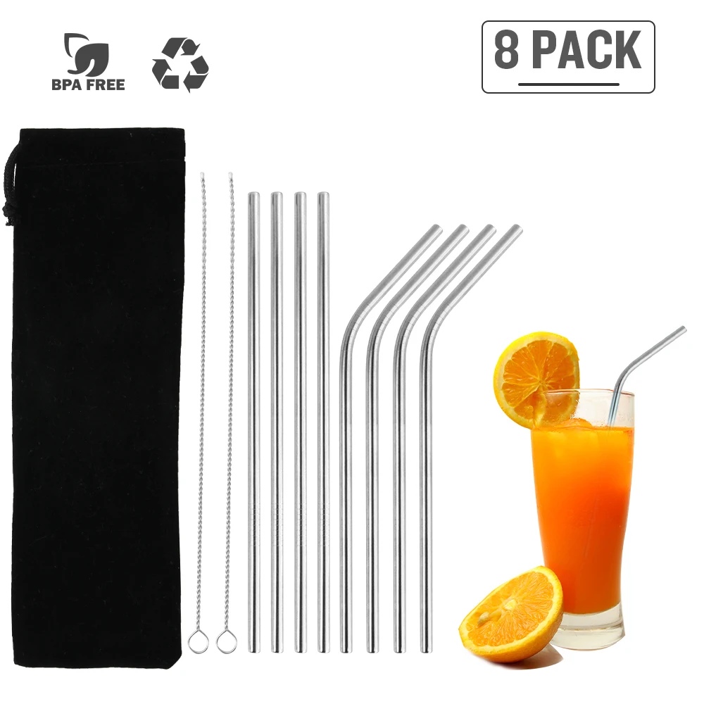 8Pcs-Silver Эко-дружественных соломинкой многоразовые Нержавеющая сталь металлическая соломинка Управление по санитарному надзору за качеством пищевых продуктов и медикаментов-одобренный Bpa с щеточка для чистки Портативный мешок 3/8/14 шт - Цвет: 8Pcs-Silver