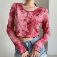 korean fashion tie dye graphic t shirts tops sexy navel wave side embroidery long sleeve button cardigan casual women clothing