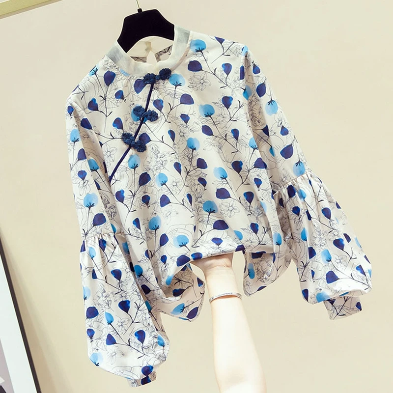 

Lantern Sleeve Retro Flower Print Buckles Shirt White Vintage Blouse Standard Collar Office Ladies Shirt Female Casual