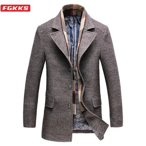 Мужское шерстяное пальто FGKKS, повседневное толстое однотонное пальто, брендовая одежда (Съемный шарф) для зимы