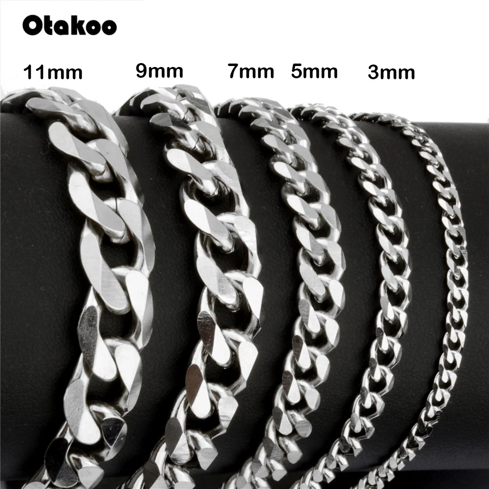 Otakoo 3-11 мм Мужские браслеты серебро Нержавеющая сталь панцирные кубинские звенья цепи браслеты для мужчин и женщин ювелирных изделий подарок 7-8"