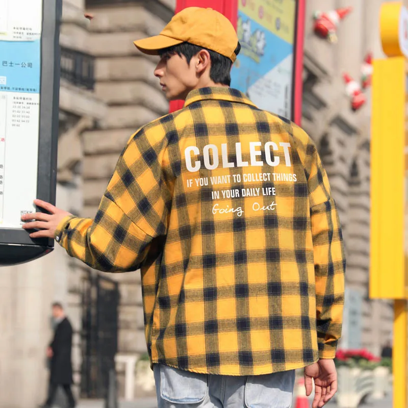 

2021 New Shirt Men's Lapel Ins Plaid Shirt Loose Printed Long-sleeved Shirt