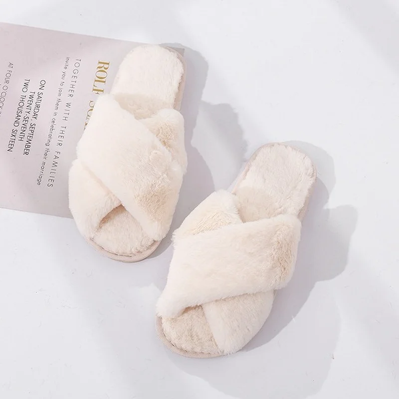 

Winter Women House Slippers Faux Fur Fashion Warm Shoes Woman Slip on Flats Female Slides Black Pink Cozy Home Furry Slippers