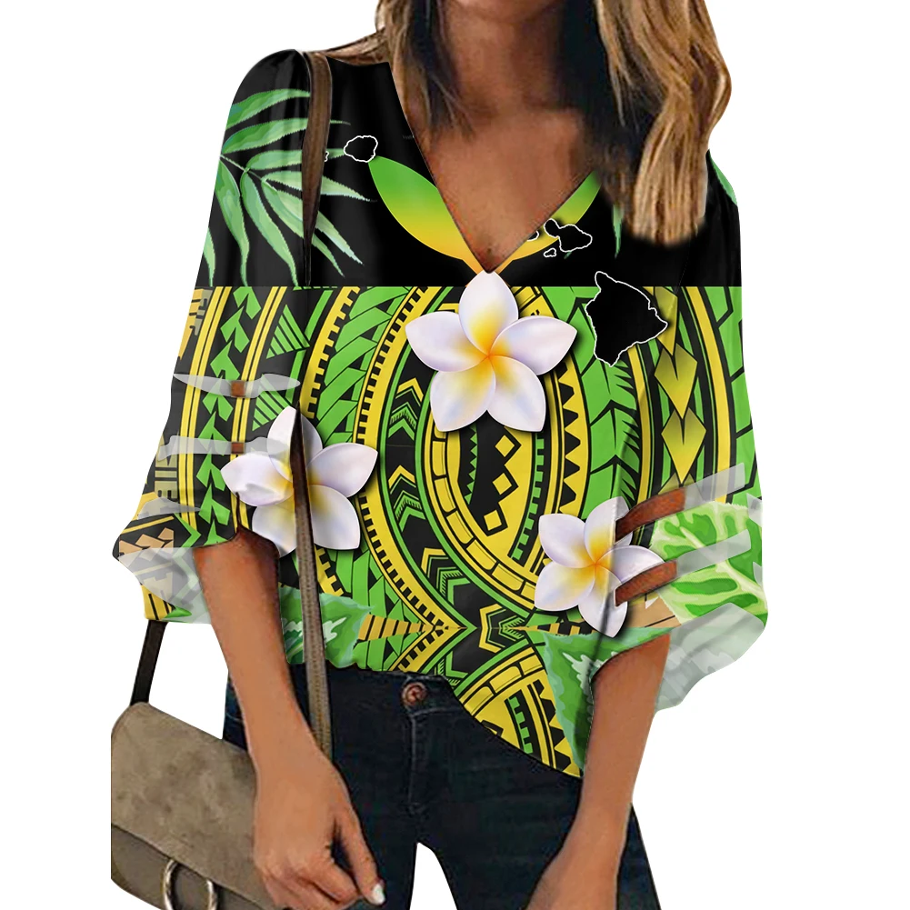 

FORUDESIGNS Tropical Floral Hawaiian Pattern Summer Casual Women Breathable Sexy Loose Outdoor Party Shirt 3/4 Sleeve Blusas