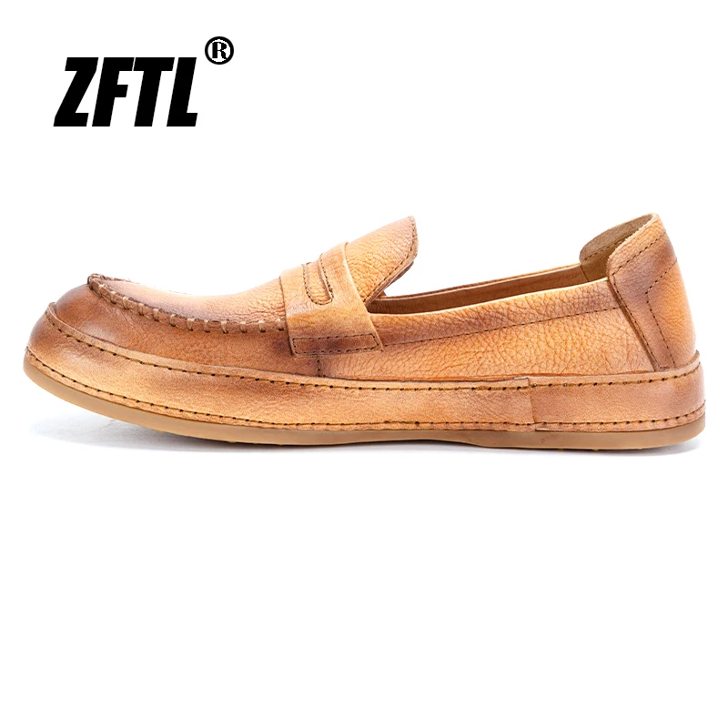 Лоферы ZFTL мужские и женские масляная кожа бычья круглый носок винтажные