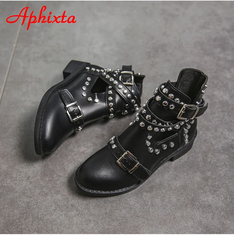Aphixta/черные женские ботильоны с заклепками; ботинки из искусственной кожи; ремни с металлическими пряжками; женские ботинки на квадратном каблуке с шипами; обувь в байкерском стиле