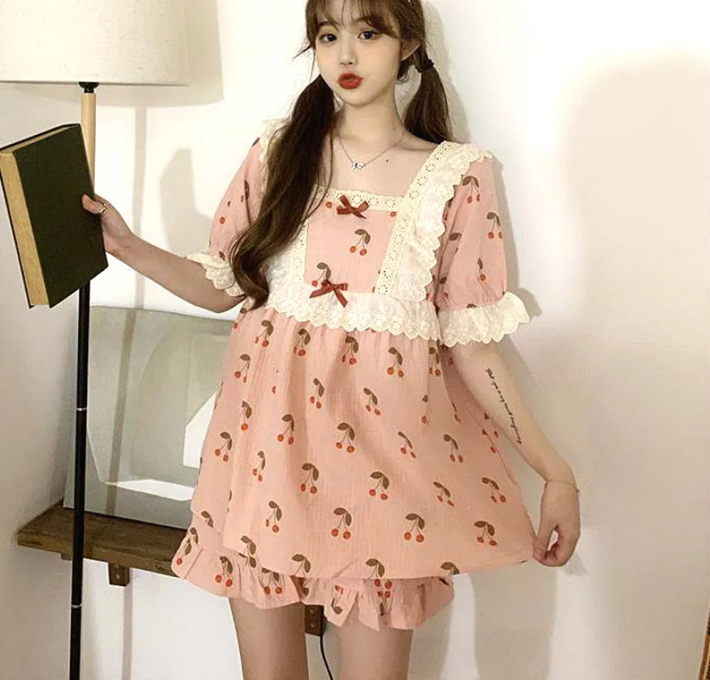 

Пижамный комплект Женский Летний в японском стиле, милая домашняя одежда в стиле пэчворк с кружевом для молодых девушек, милая повседневная...