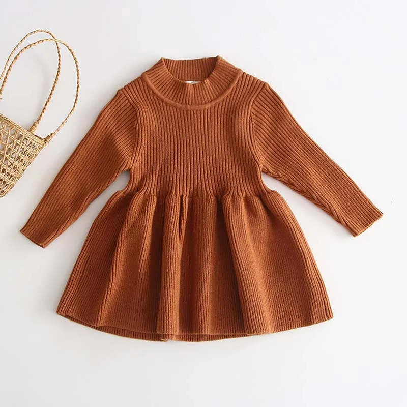 B91Q02 Brown Одежда с рисунком вишни вязаное платье для девочек осенне-зимнее детское платье с длинными рукавами для маленьких девочек, теплое хлопковое платье принцессы - Цвет: B91Q02 Brown