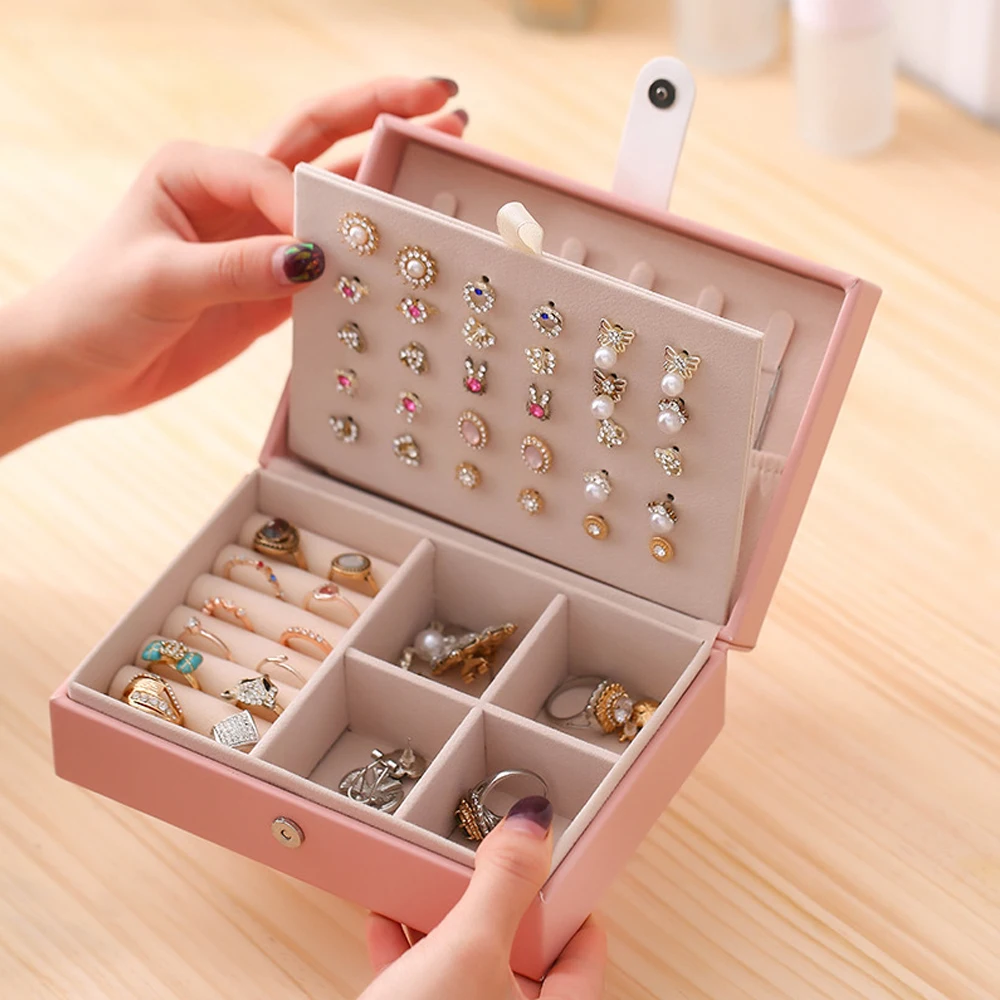 

2021 Portable Jewelry Box Organizer Display Travel Multifunctional Necklace Ring Case Button Leather Storage woman Gifts