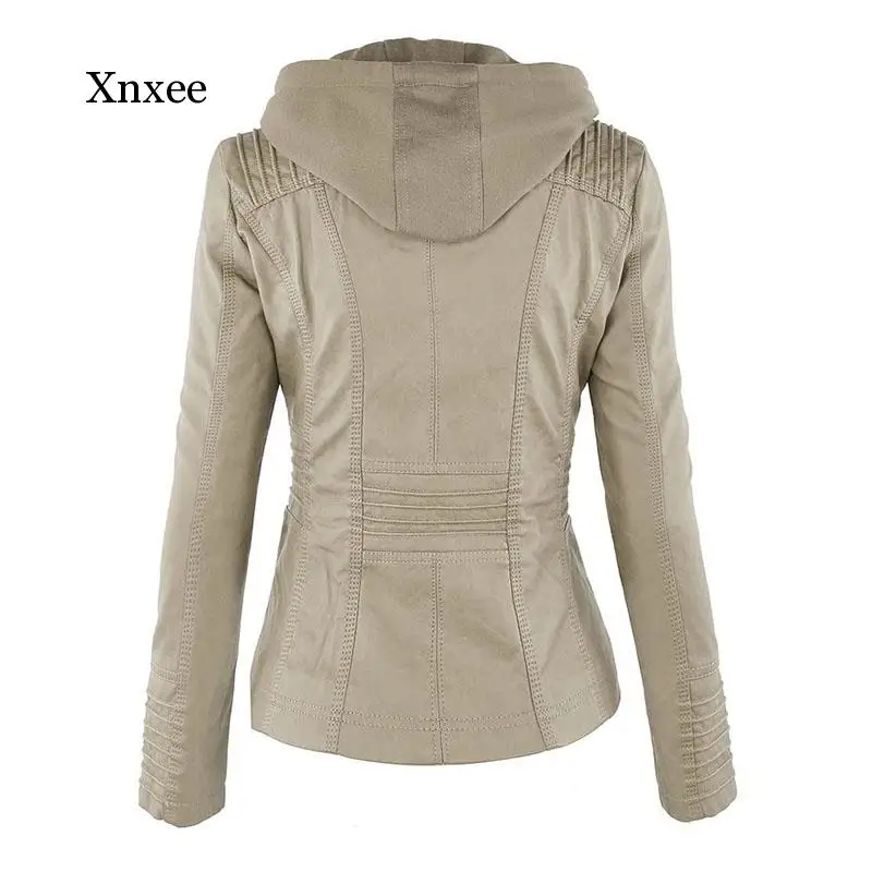 Faux Soft Leather Jackets Coats Lady Black PU Zipper  Motorcycle Streetwear  Women Autumn Winter warm zipper hooded  khaki