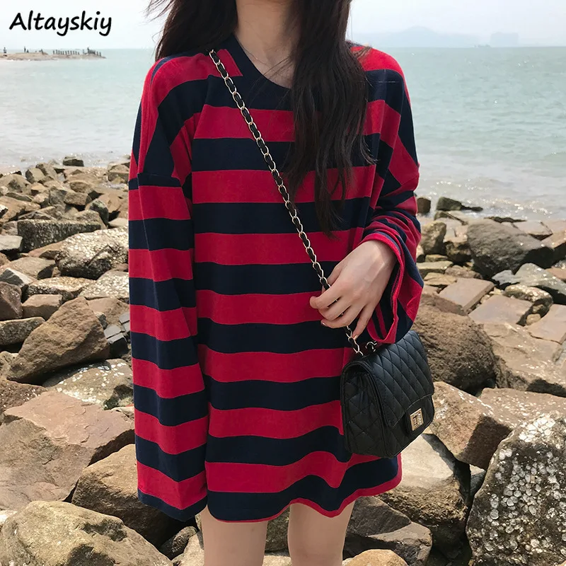 Tees Women Red Striped Loose Autumn 2020 All-match Trendy Casual Long Sleeve Lady Clothes College Tops Comfortable Korean Style
