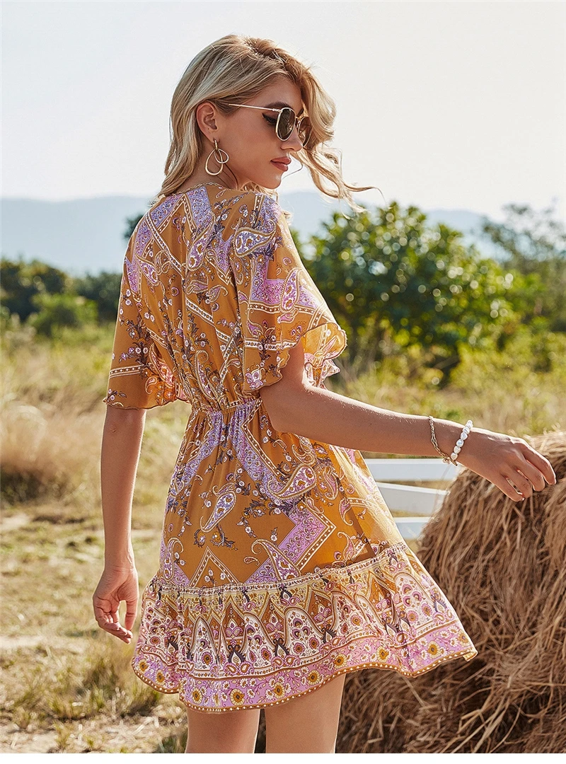 

2021 Spring New Print Dress Women Casual Butterfly Sleeve V Neck Bandage Dress for Women Fashion Short Summer Dress