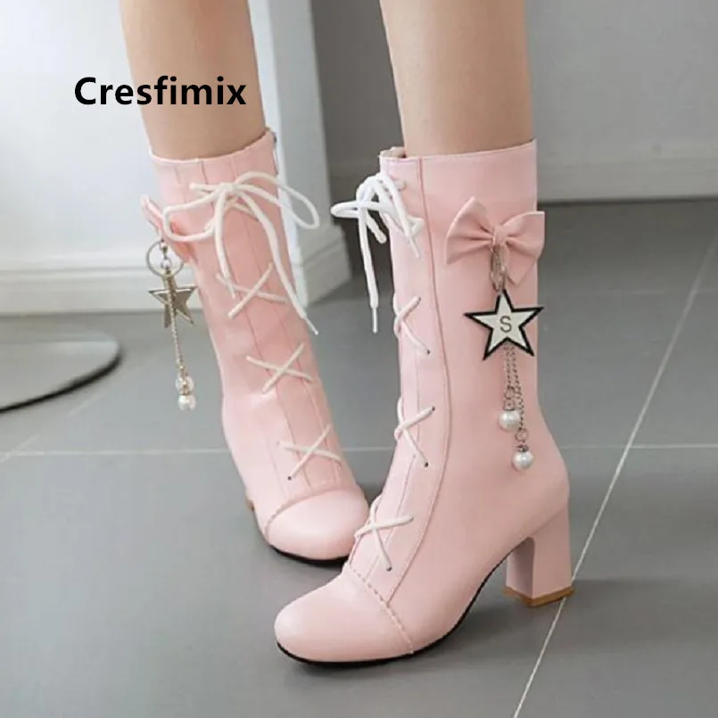 

Cresfimix Damskie Buty Women Fashion Black Pu Leather Round Toe High Heel Boots Lady Cool Pink Autumn European Style Boots C6067