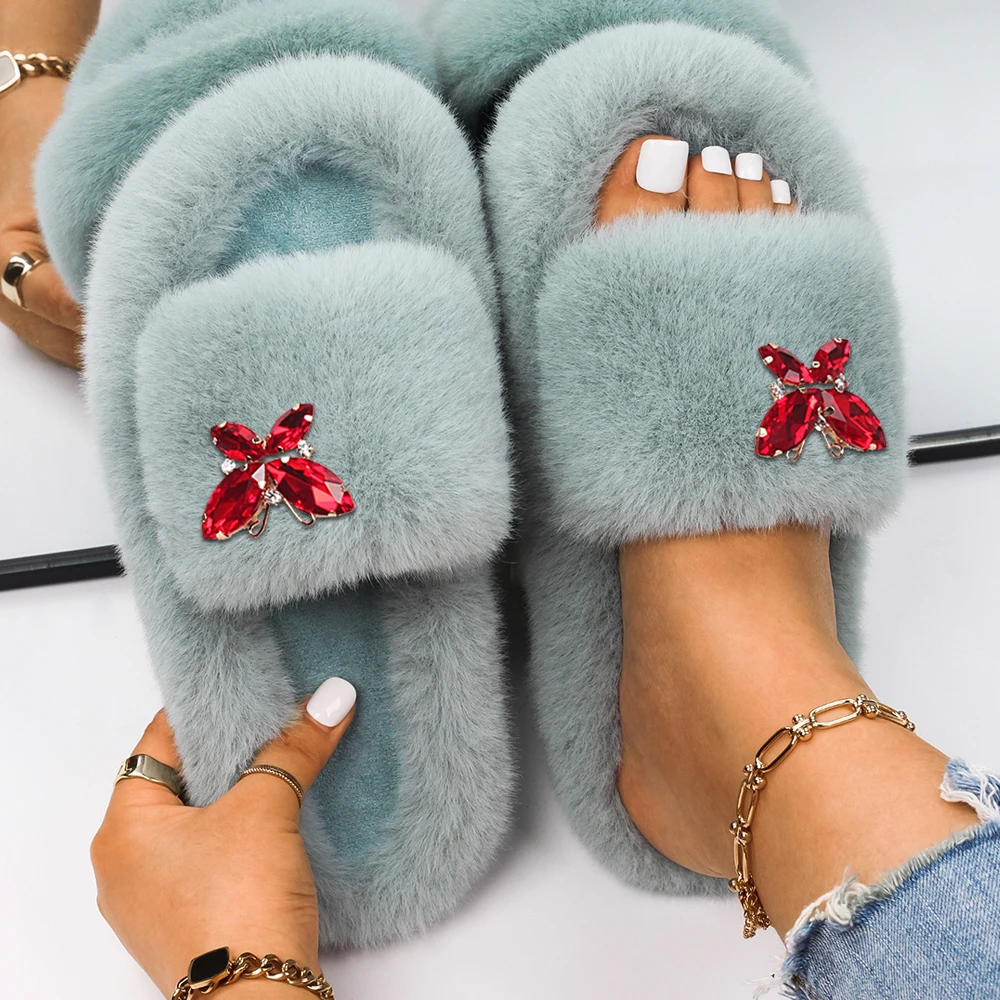 Ladies Slippers Fluffy Flip Flops Women Bling Rhinestone Butterfly Decor Faux Fur Slides Flat Sandals House Slippers Shoes 2021