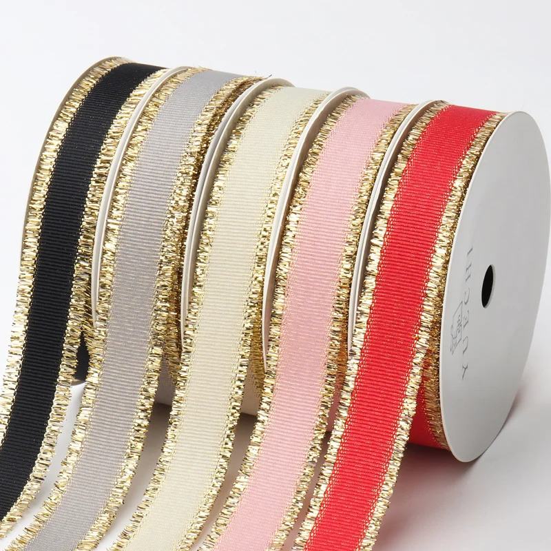 10 ярдов 16 мм Grosgrain лента с золотым блестящим краем для свадебной вечеринки