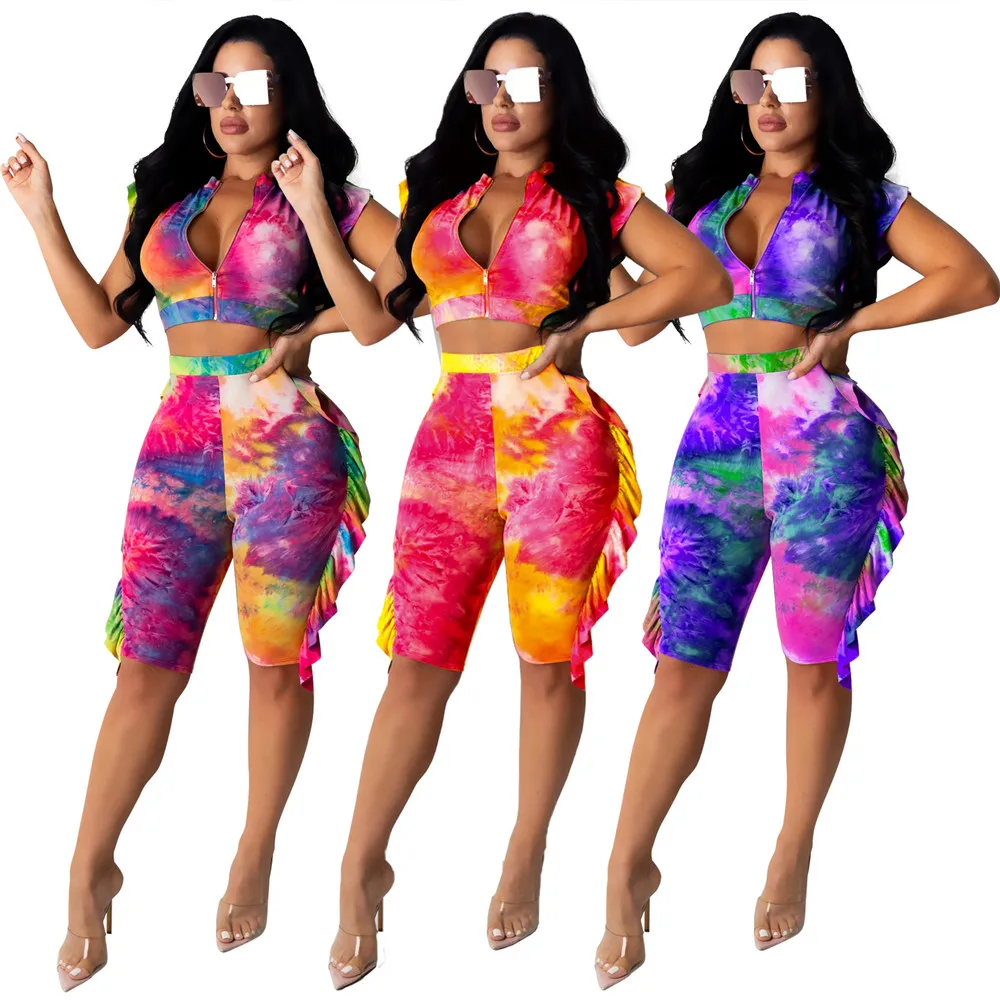 

Tie Dye Print 2 Piece Set Women Tracksuit Summer Outfits Crop Top and Biker Shorts Side Ruffles Bodycon Matching Sets for Women