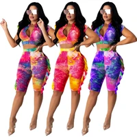 tie dye print 2 piece set women tracksuit summer outfits crop top and biker shorts side ruffles bodycon matching sets for women