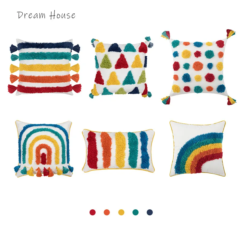 

2023 Nordic Moroccan Rainbow Series Pillow Cover with Tassel Tufted Bohemian Style Flocking Cushion Cover for Home Sofa Decor