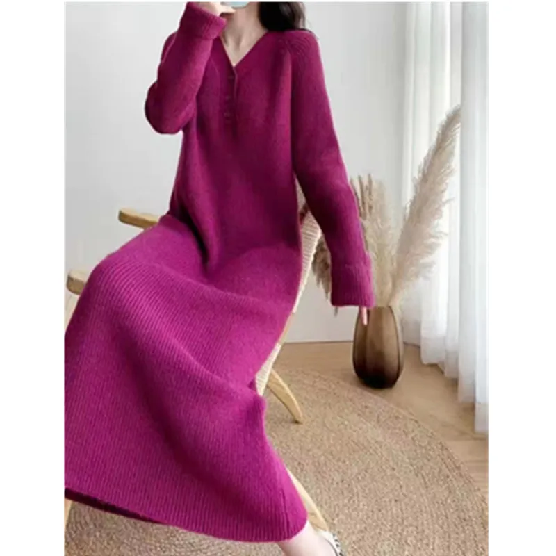 

Женское трикотажное платье выше колена, длинный свитер с V-образным вырезом и длинным рукавом в Корейском стиле