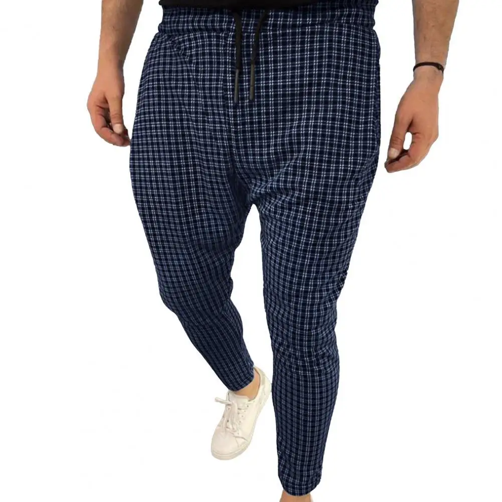 

Men Pants Grid Print Mid Waist Casual Spring Trousers Wear Resistant Pencil Pants for Daily Wear pantalon homme calça masculina