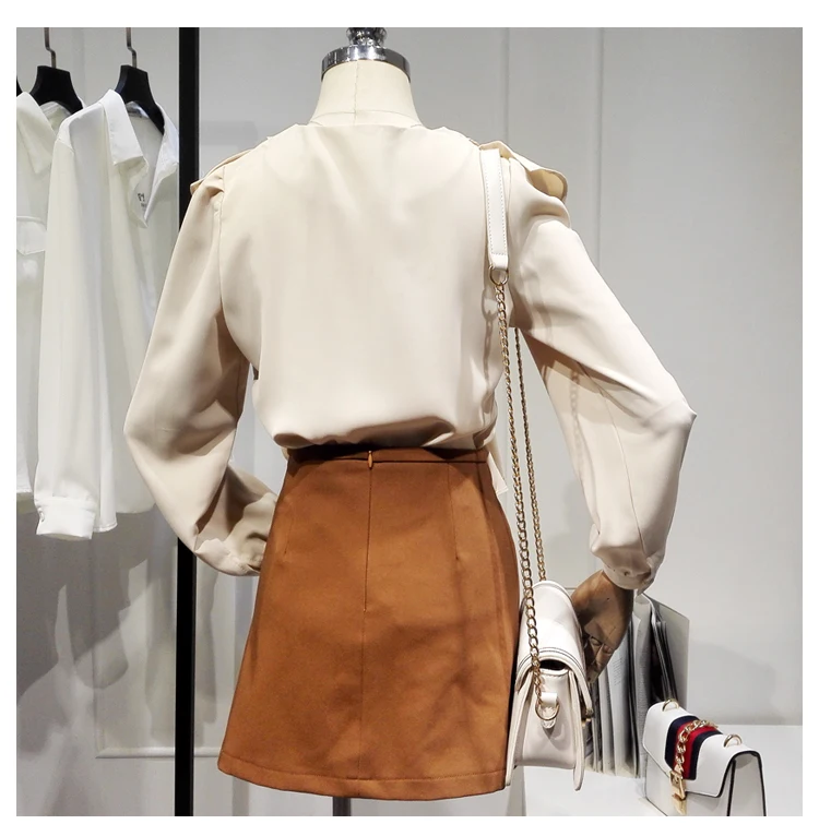 

Sweet Retro Ruffled Long-Sleeved Shirt for Women 2021 Spring Summer New V-neck Plain Blouse Office Lady Tops Women-blouses