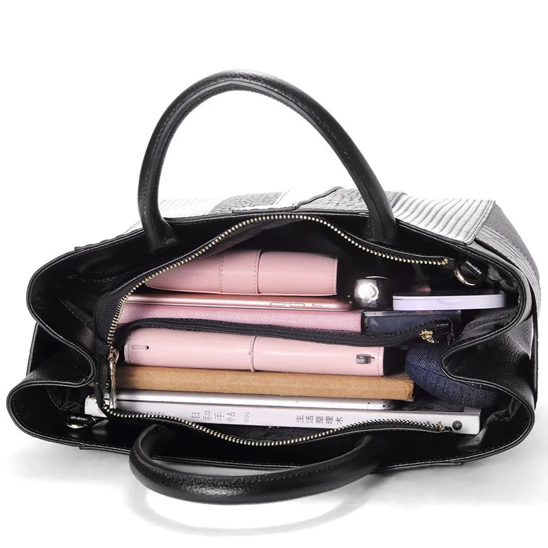 

Hiboom 2020 New fashion casual glossy alligator totes large capacity ladies simple shopping handbag leather shoulder bags(Black)