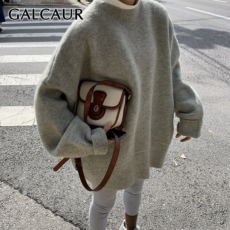 

GALCAUR Korean Fashion Loose Straight Long Sleeve Top Sweater For Women Stand Collar Oversize Sweaters Female New Clothing 2021