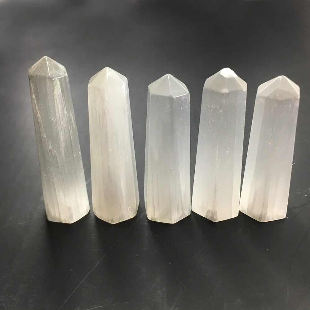 

5pcs Natural Selenite Wand Point Quartz Crystal Sceptres Prism Points Meditation Healing Crystal Stone Party Gifts Home Decorati