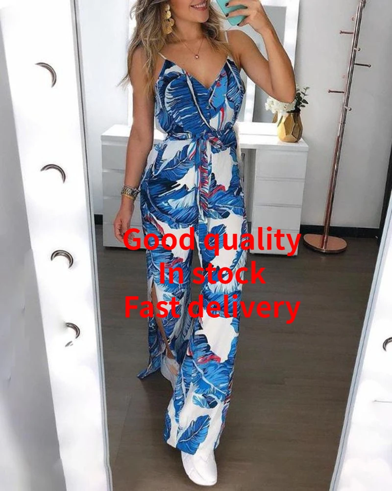 

V-neck sexy sling print split jumpsuit women women clothes womens loose pants 2020 fall fashion