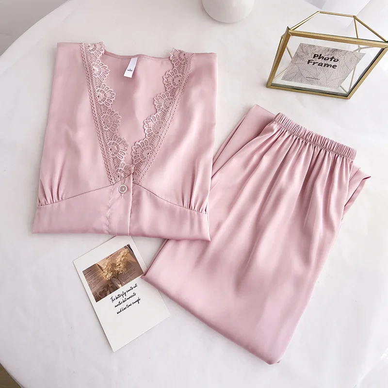 

Весенний пижамный комплект с длинным рукавом и V-образным вырезом, пикантные розовые женские атласные брюки-комбинезоны, Пижамный костюм с эластичной талией, Свободная Домашняя одежда