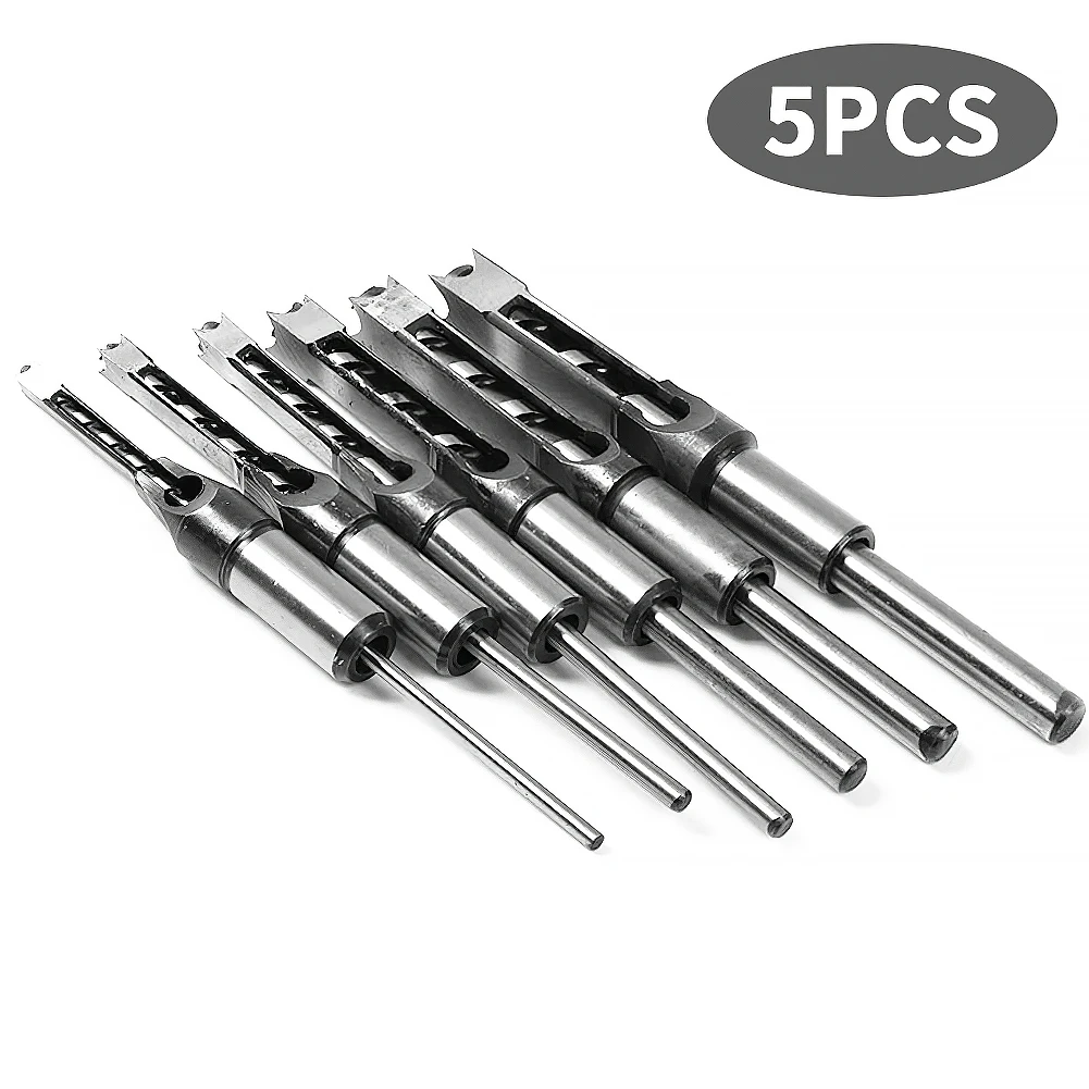5PCS HSS Twist Drill Bits Woodworking Drill Tools Kit Set Square Auger Mortising Chisel Drill Set Square Hole Extended Saw
