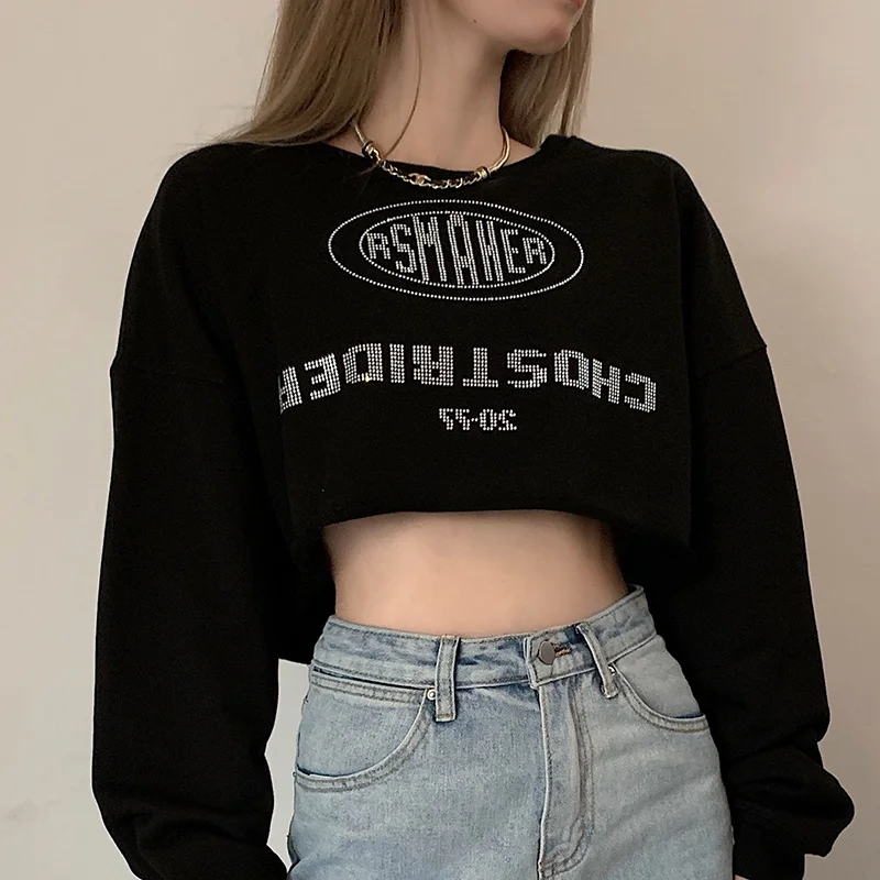 

Свитшот женский с капюшоном и принтом, уличная одежда с надписью и стразами, Свитшот в Корейском стиле, модная одежда на осень