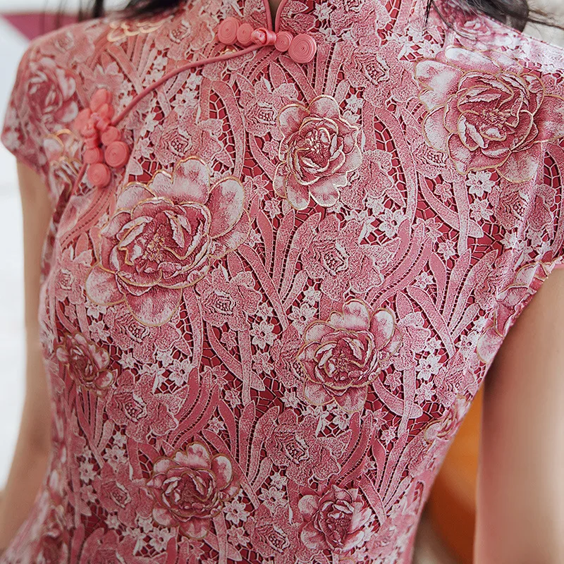 Традиционные китайские женские Платья с цветочным кружевом qipao азиатские платья