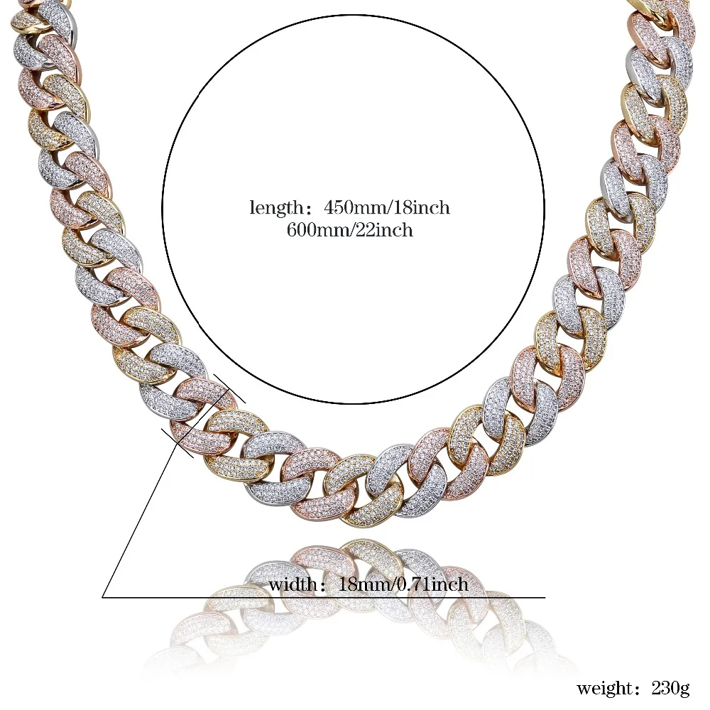 

Jinao New 18mm Maimi Cuban Link Chain Necklace &Rose Color Iced Out Cubic Zircon Hop Jewelry For Men Women Gift