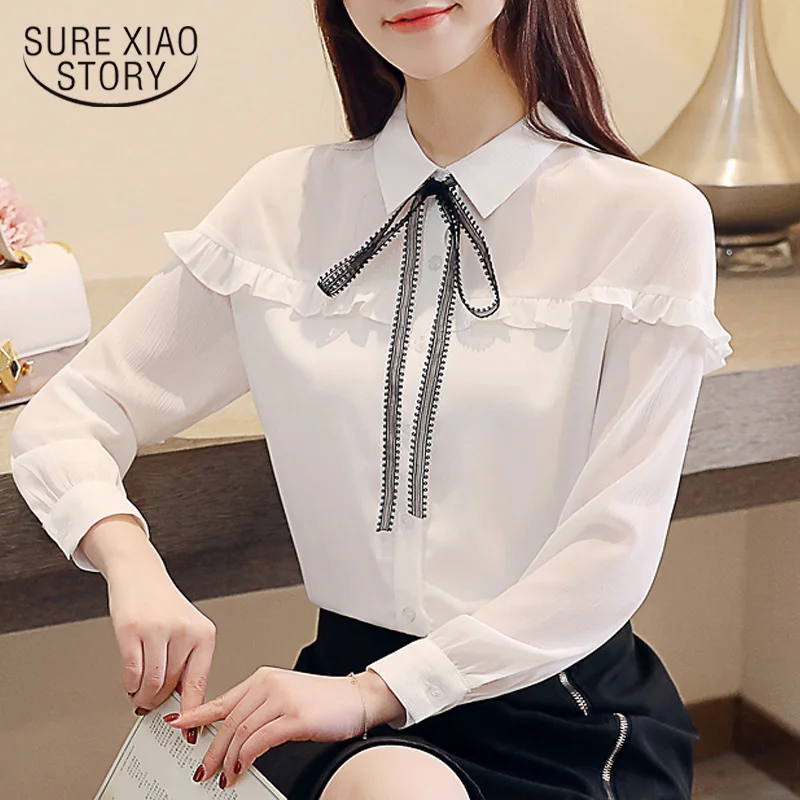 

Bow-kont Solid White Shirt Women Fall Temperament Ladies Tops Korean Loose Tie Chiffon Regular Womens Tops and Blouses 5707 50