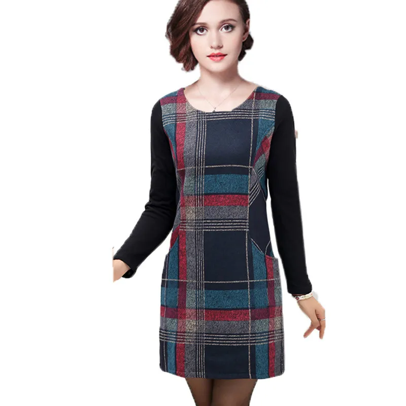 2020 Autumn Plaid Long Sleeve Vintage Women Slim Woolen Dress Tunic Female Vestidos De Festa Red Blue Plus Size XL~4XL 5XL